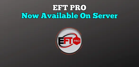 A black background with text "eft pro now available on server" in white and blue, above a circular logo with "eft pro" in white and red by gsmxteam.