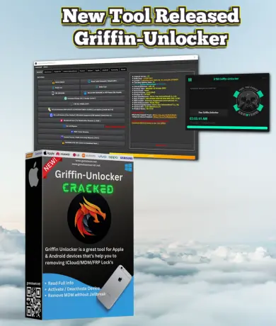 Promotional image for "griffin-unlocker," a tool for unlocking icloud, mdm, and frp locks on apple and android devices. Includes software interface and product box with description and features from the renowned gsmxteam server.