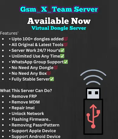 Advertisement: experience the ultimate convenience with gsm_x_team server! Our virtual dongle server boasts 100+ dongles, 24/7 availability, and exceptional whatsapp support. Services include frp removal, imei repair, and unlocking. Join gsmxteam server today for unparalleled service!