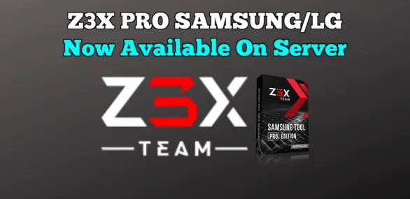 Image of a promotional banner for z3x pro samsung/lg tool by z3x team, highlighting its availability on the gsmxteam server. An image of the product box is displayed on the right side.